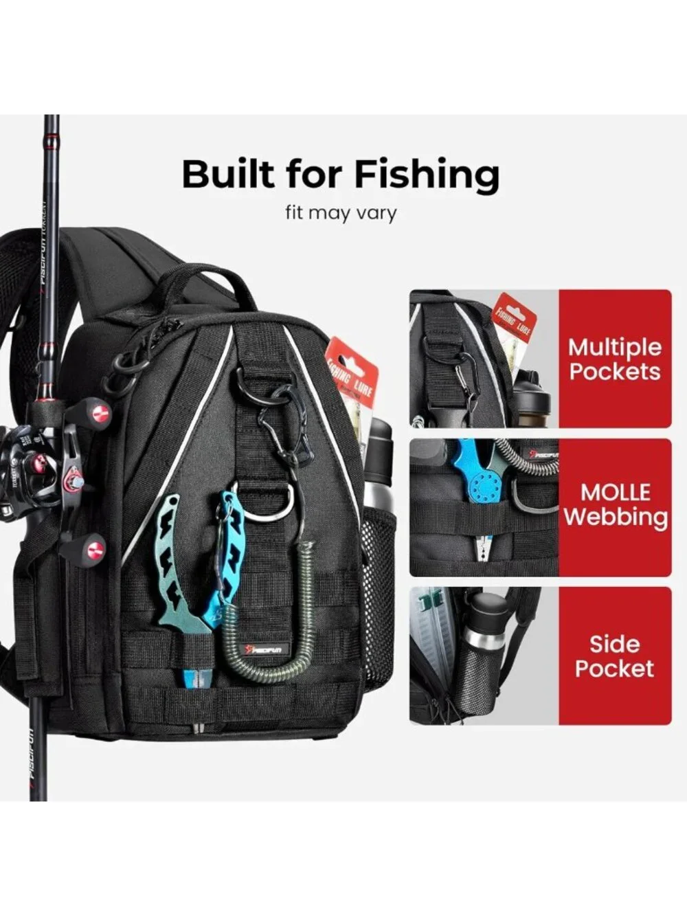 Lightweight Fishing Backpack with Rod Holder, Sling Bag for Gear & Equipment